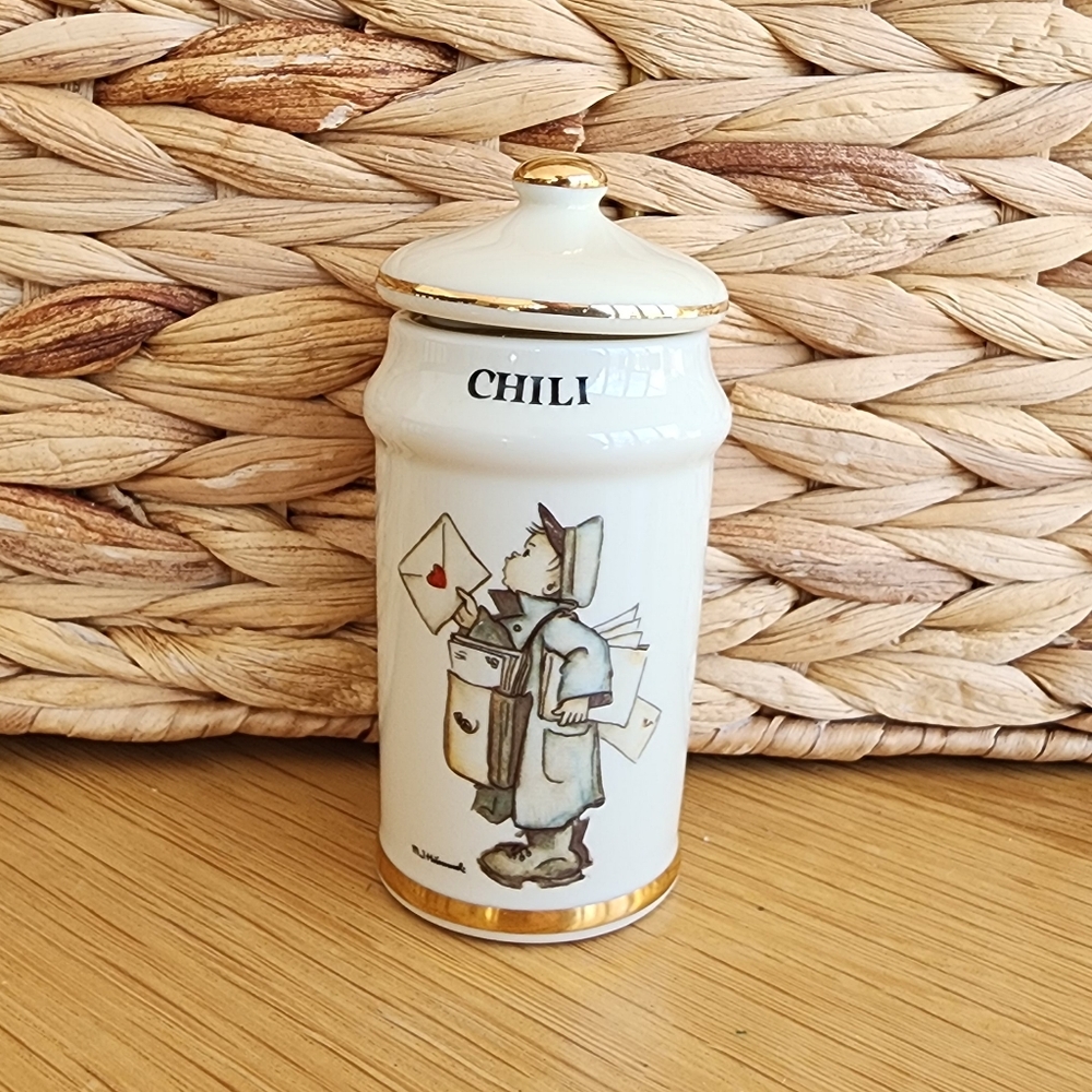 Vintage M. J. Hummel Cream Ceramic Spice Jar with Gold Accents
